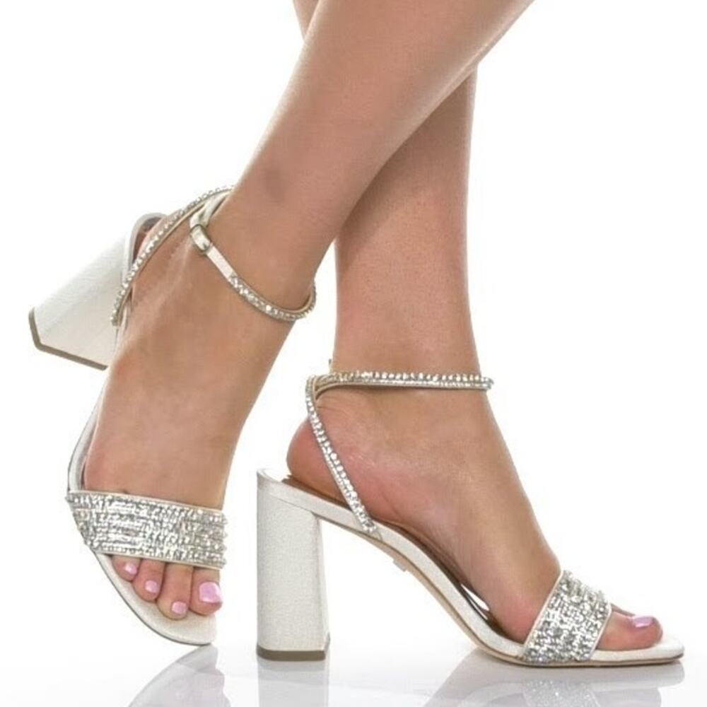 Badgley Mischka Becca Rhinestone Sandal Block Heel Bridal Wedding Formal Party 5